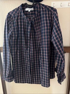 Navy Plaid Button-Down Shirt with Red Windowpane